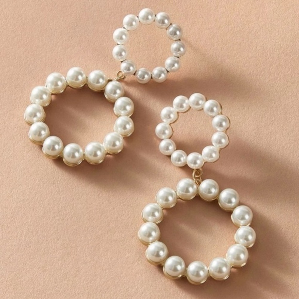 Pearl Round Double Hoop Drop Earrings